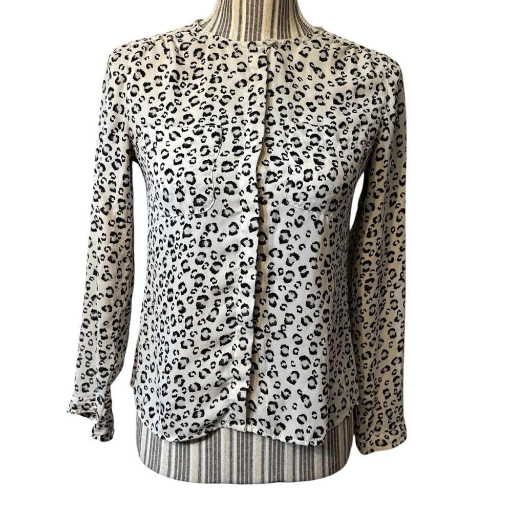 LOFT Blouse XXSP White Black Animal Print Petites Long Sleeves Button-Up